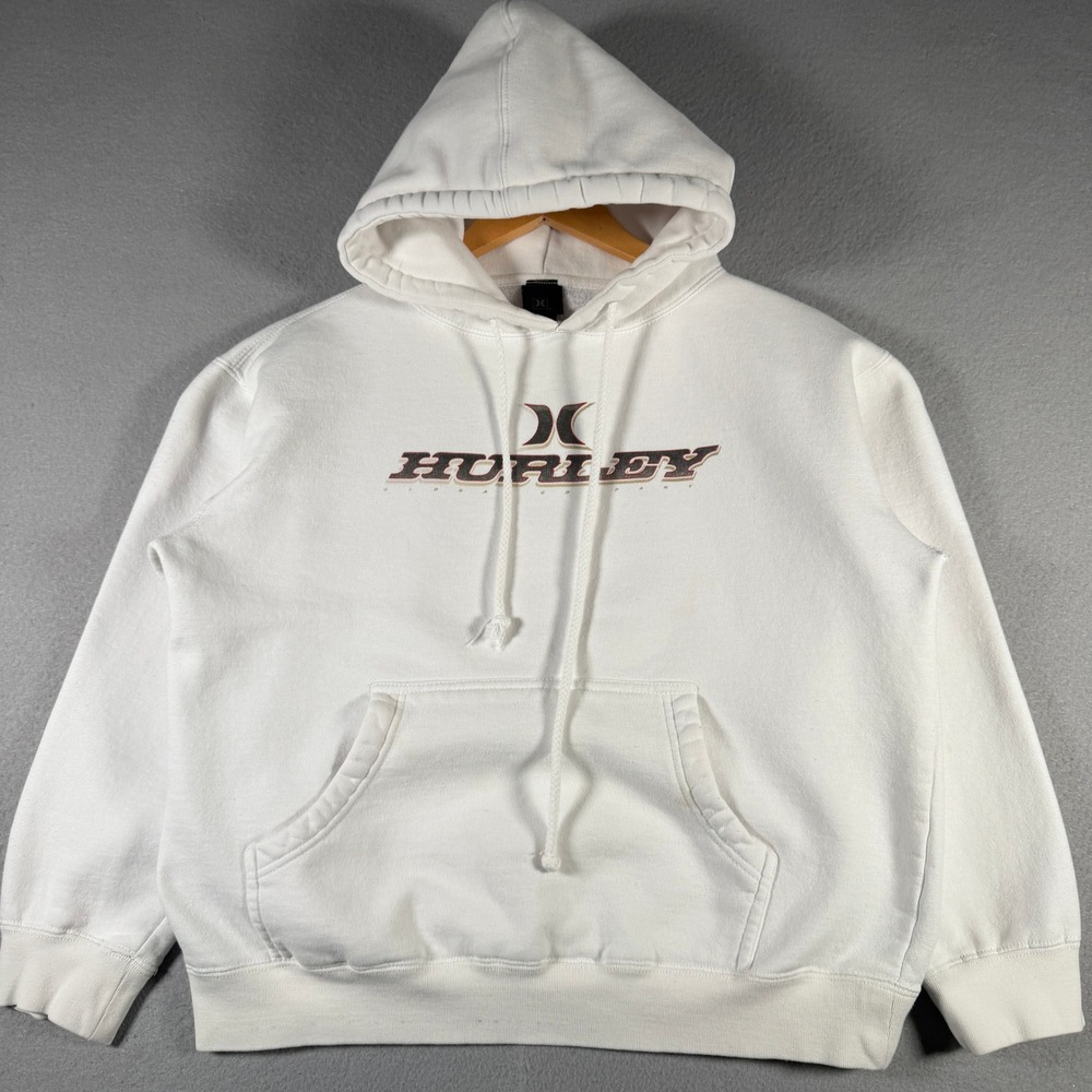 Vintage Hurley Mens White Graphic Logo Pullover Hoodie Sweatshirt Size S Y2K